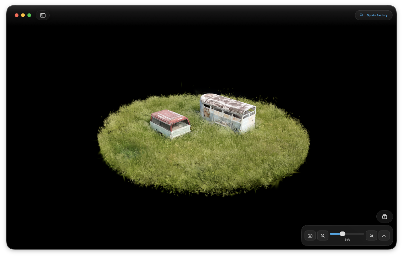 Splats native viewer displaying a Gaussian splat scene of vehicles in grass